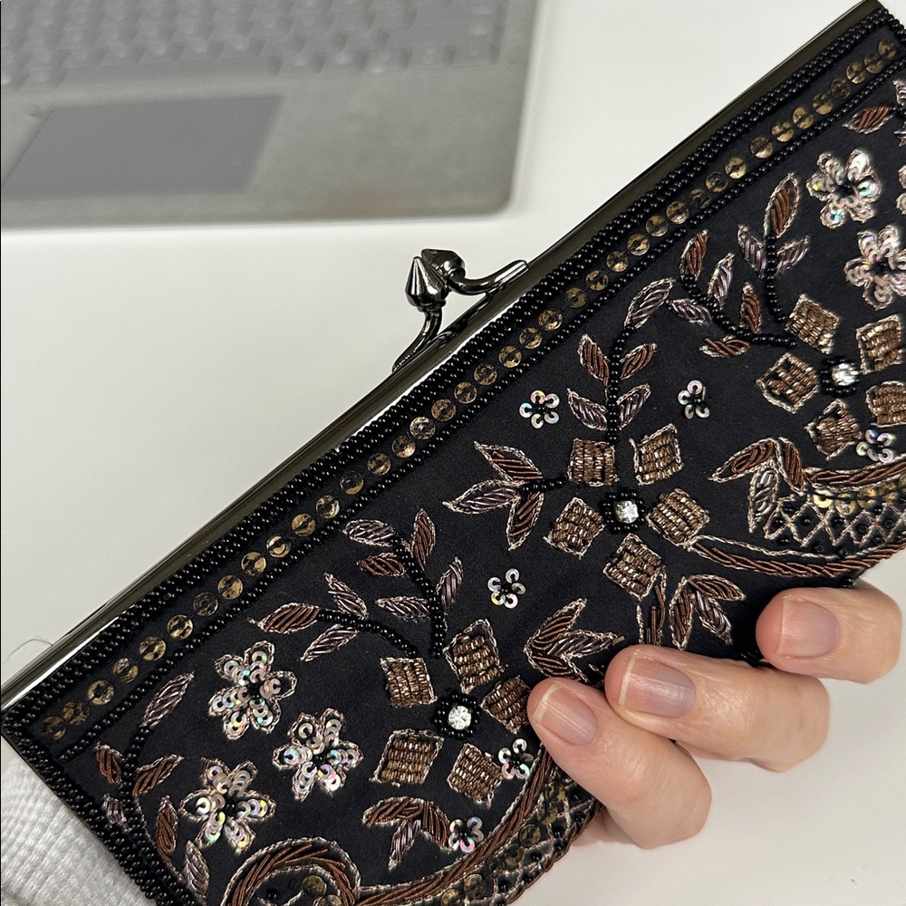Moyna Embroidered Black Clutch 8.5”x 3.5 x 1” - Picture 4 of 7